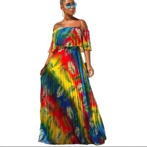 Womens Off Shoulder Maxi Dress Tropical Leaf Print Rainbow Pleated Boho Vacation